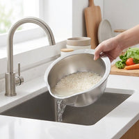 Rice Washing Basin and Washer Colander Bowl with Handle, Food Grade 304 Stainless Steel Side Spout for Rinsing Grains and Washing Vegetables