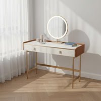 Retractable Design Makeup Vanity Set with Stool and Cabinet Large Storage Space Extendable Vanity Desk Rock Slab Countertop Bedroom Furniture Light Luxury Design for Apartment