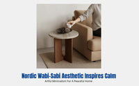 Travertine Wabi-Sabi Coffee Table, Minimalist Round Side Table with Wood Legs, Vintage Bedside Table, Living Room Accent Table