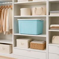 Storage Box with Lid, Clothes Case, Striped Pattern, Sky Blue, 40-50L, with Casters, 81x60x48cm