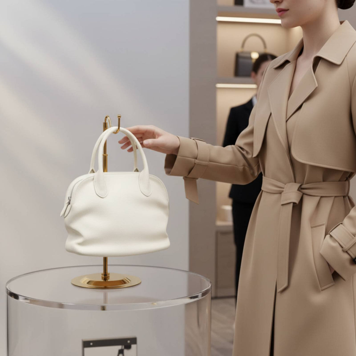 Handbag Display Stand Sturdy Base Metal Bag Hanger Stand Purse Holder Rack Space-Saving Design Countertop Handbag Holder