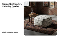 French design Woven Square Pouf Black and cream Pattern Floor seat Retro Design Ottoman Jacquard Weave for Adults, Homeowners, Parents, Living Room, perusing corner, Bedroom