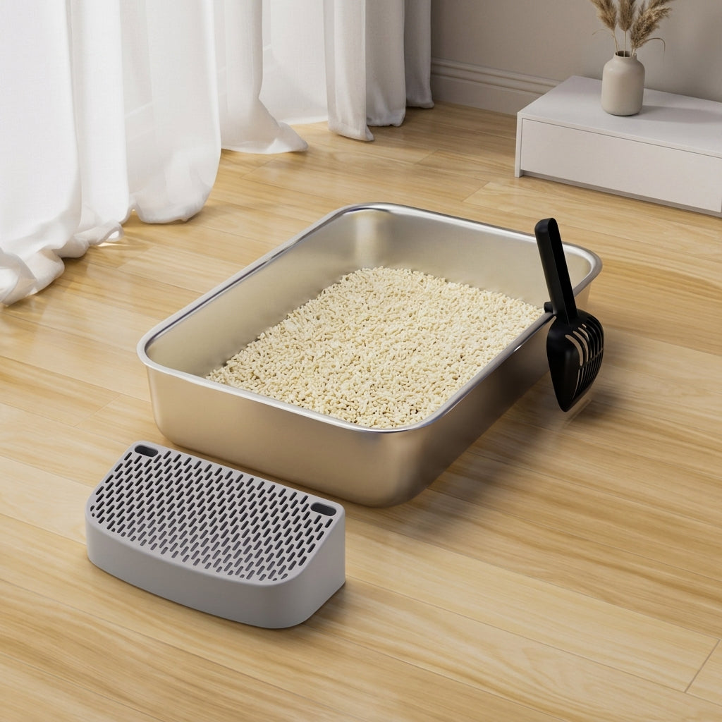 Cat Litter Tray with Ladle and Mat, Stainless Steel Flat Bottom Open Pan for Big Cats, Easy Clean Square Basin Large Tray