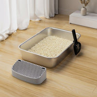 Cat Litter Tray with Ladle and Mat, Stainless Steel Flat Bottom Open Pan for Big Cats, Easy Clean Square Basin Large Tray