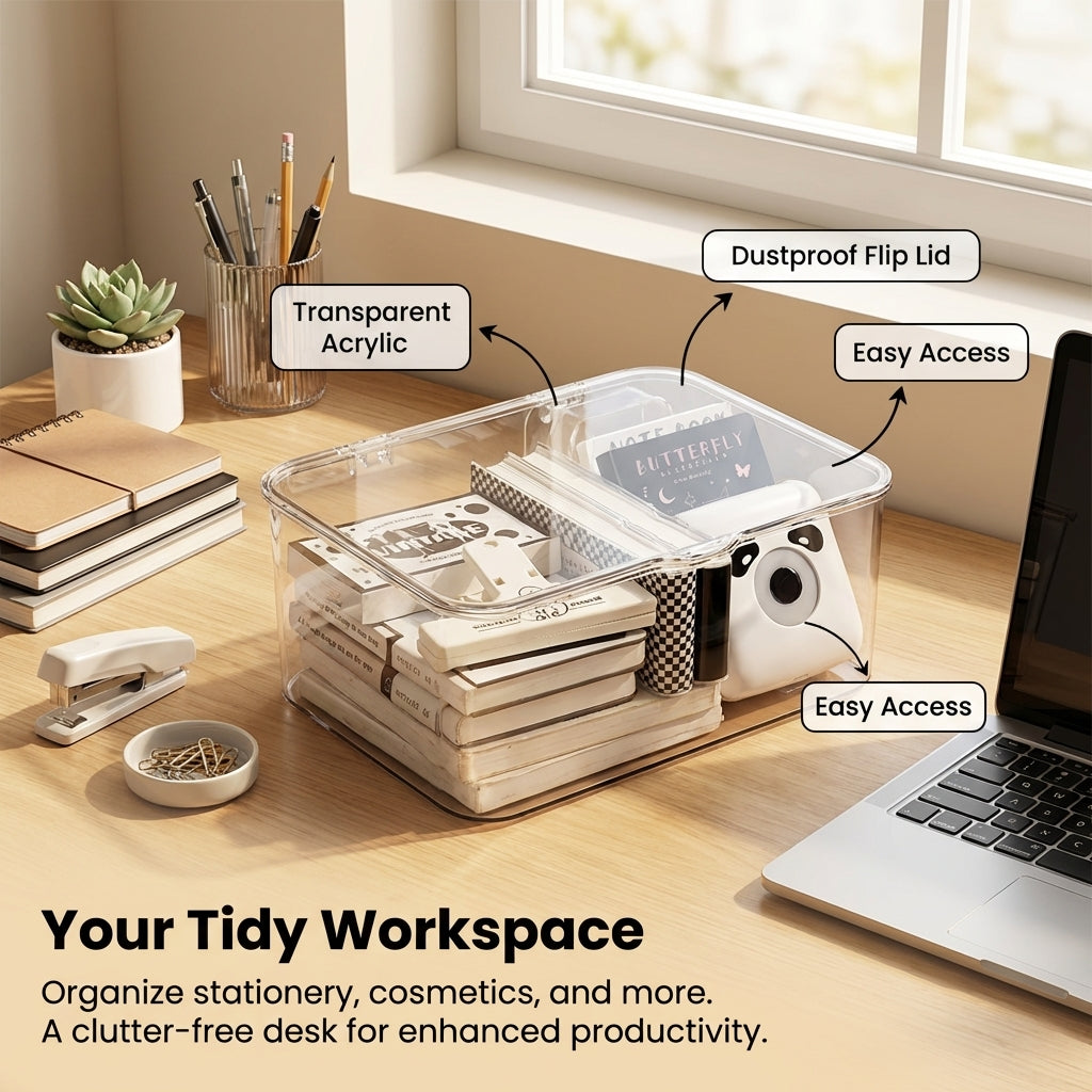 Desktop Organizer with Lid, Clear Stackable Storage Boxes for Shelves, Flip Top for Bedroom and Dorm, Transparent polystyrene Container for Students