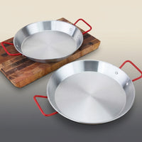 Frying Pan and Salad Bowl for Fried Chicken, 34cm Stainless Steel Pan with Red Handles, No Coating Steel Pan for Paella, 4cm Depth Pasta Pan