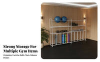 Metal Frame Exercise Equipment Storage Rack Large Capacity Exercise Ball and Mat Holder Stable Structure Commercial Gym Storage Unit Heavy Duty for Dance Studio