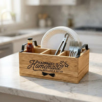 Wooden Utensil Holder Compartmented Rustic Flatware Storage Box Portable