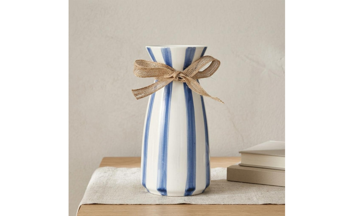Burlap Ribbon Bow Vertical Stripe Vase Hand-Painted Style Striped Ceramic Vase