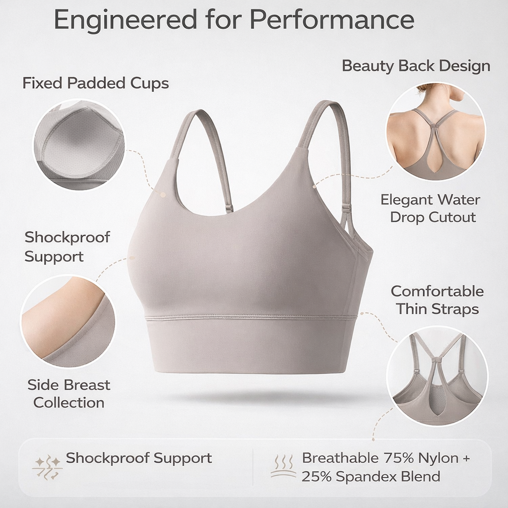 Women's Sports Bra for Running and Gym with Fixed Cup Moulded Padding, Non Wired with Back Hook Closure for Adjustable Fit