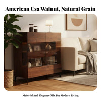 Solid Wood Construction Black Walnut Wine Cabinet Multi-Purpose Sideboard Buffet Cabinet Glass Display Doors Dining Room Sideboard Sturdy and Long-Lasting for Homeowners, Interior Designers, Families, Hallway, Kitchen, Villa, Hotel