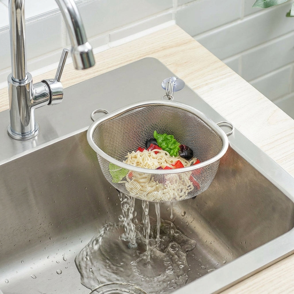 Kitchen Sink Drainer and Sink Strainer, Stainless Steel Leftover Food Strainer with Suction Cup, Home Kitchen Dishwashing Sink Net for Food Waste