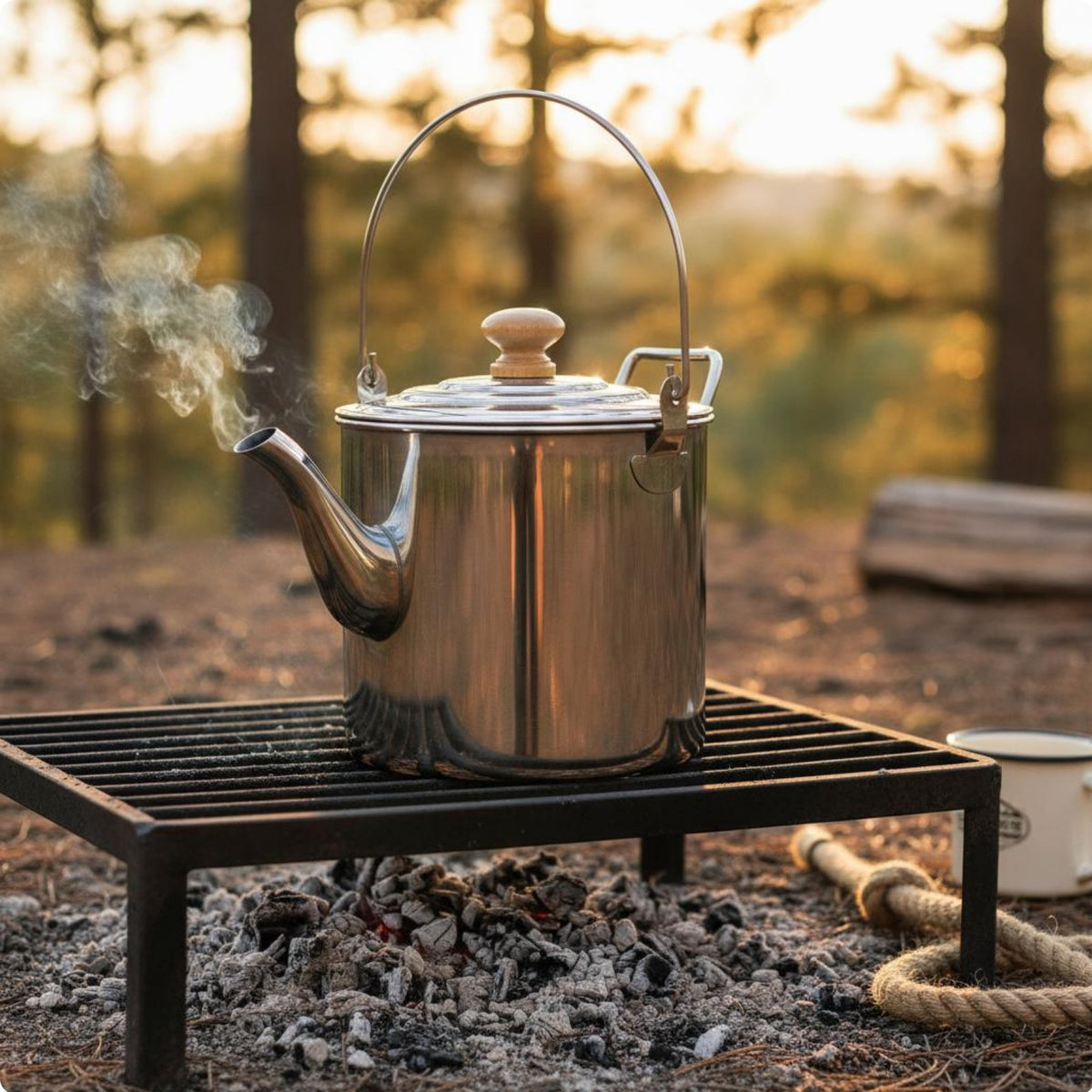 Stainless Steel Campfire Kettle Portable Outdoor Tea Pot Wooden Knob Lid Camping Water Boiling Pot for Backpacking