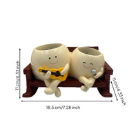 Smiling Faces Rocking Chair Planter Wooden Base Cartoon Plant Pot Set Cute Design Grinning Flower Pot Wood-Grain