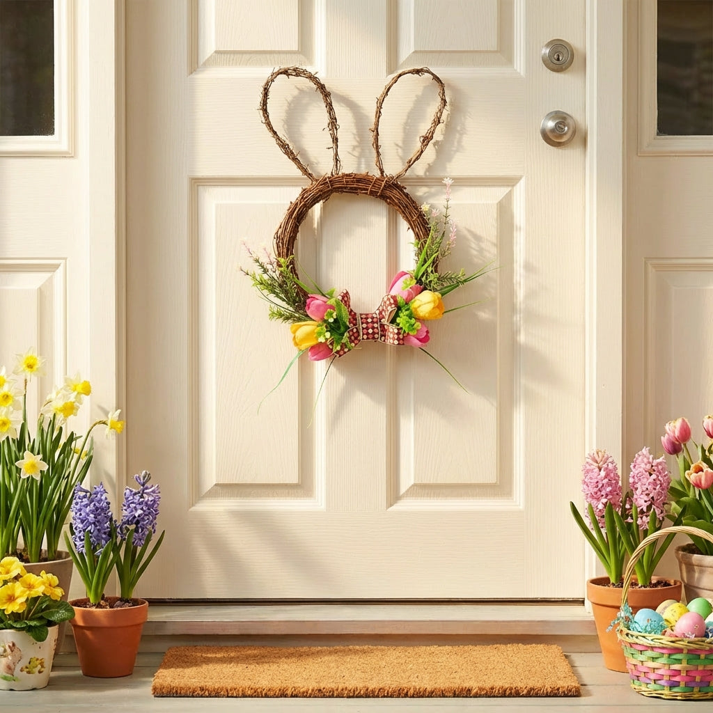 Easter Egg Garland, Easter Bunny Wreath Ready to Hang Spring Door Wreath Adorable Design Flower Door Hanger for Homeowners, Entryway, Inside Your Home