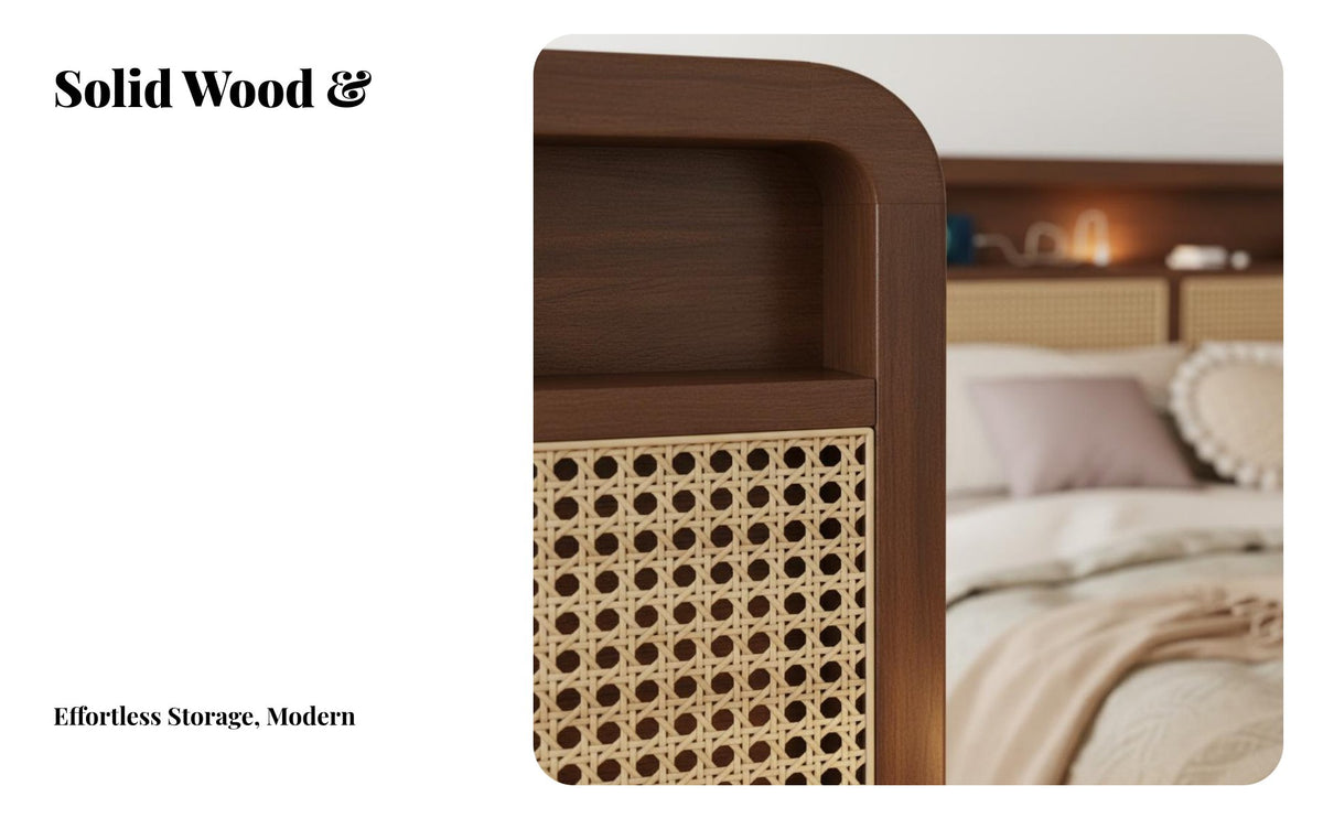 Solid Wood Rattan Bed Retro Design Artisanal Patina Look Wooden Bed No Box Spring Needed for Homeowners, Families, Guesthouse, Guest Room