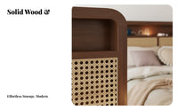 Solid Wood Rattan Bed Retro Design Artisanal Patina Look Wooden Bed No Box Spring Needed for Homeowners, Families, Guesthouse, Guest Room