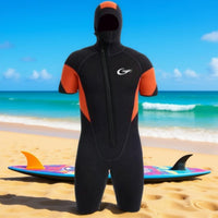 5 Mm Hooded Wetsuit Stretch Short Sleeve Wetsuit Stitched Seams Water Sports Gear Orange Panels for Diving, Surfing, Snorkeling