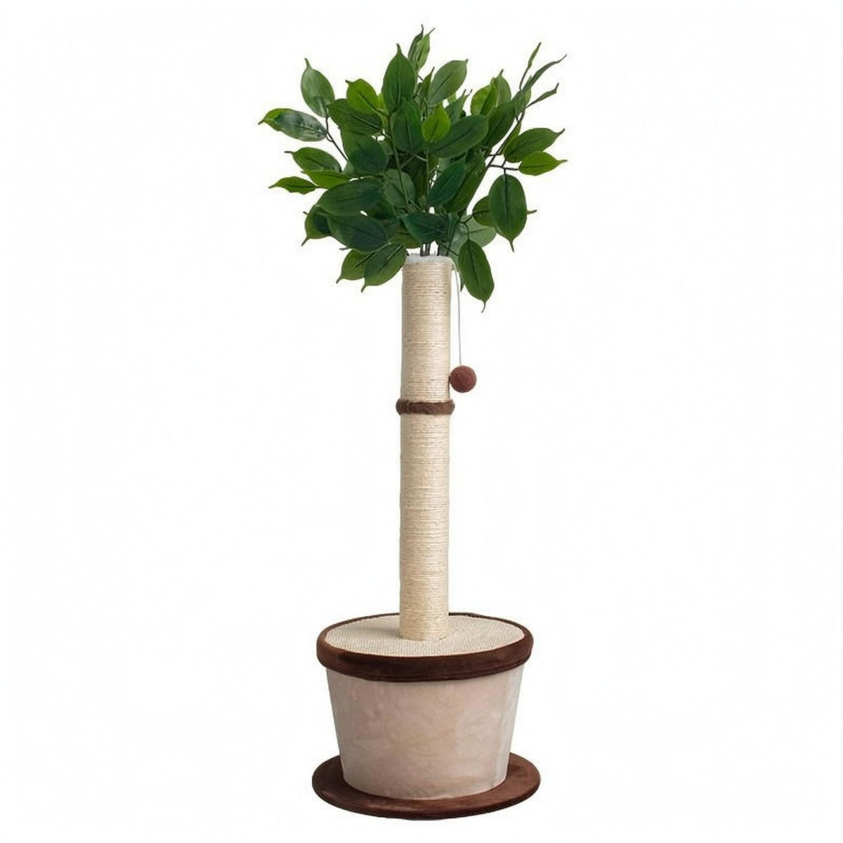Artificial Leaves Feline Scratching Post Hanging Ball Toy Sisal Scratching Post Beige Trunk Tree Feline Scratcher Round Base