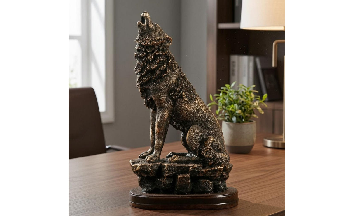 Howling Wolf Statue Dark Finish Wolf Figurine on Boulder Base Handcrafted