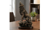 Howling Wolf Statue Dark Finish Wolf Figurine on Boulder Base Handcrafted