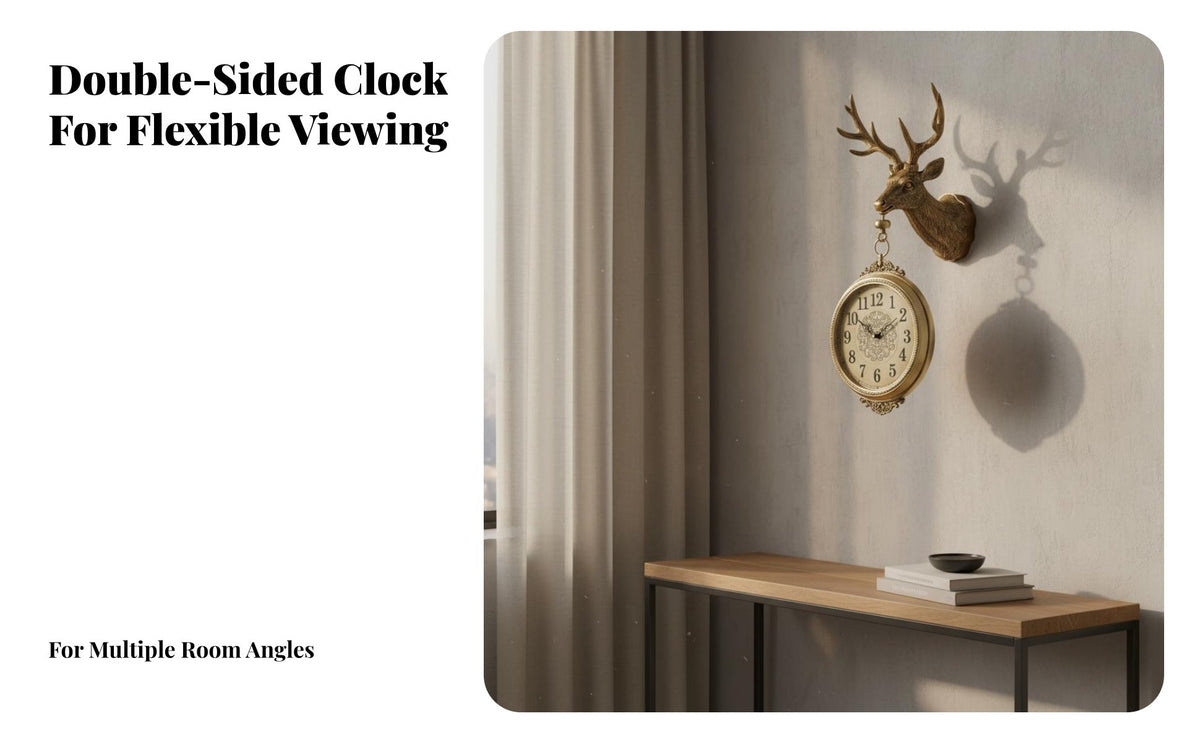 Double Sided Wall Clock Noiseless Mechanism Deer Head Hanging Clock Large Size Home Decoration for Living Room, Hallway