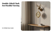 Double Sided Wall Clock Noiseless Mechanism Deer Head Hanging Clock Large Size Home Decoration for Living Room, Hallway