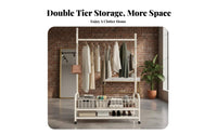 Mobile Design Rolling double-level Clothing Stand unattachedstanding Rolling Double Rod Clothes Organizer minimalist design Garment Rack Easy Assembly for Apartment Dwellers, Homeowners, Bedroom, Entryway, Laundry Room, Walk-in Closet