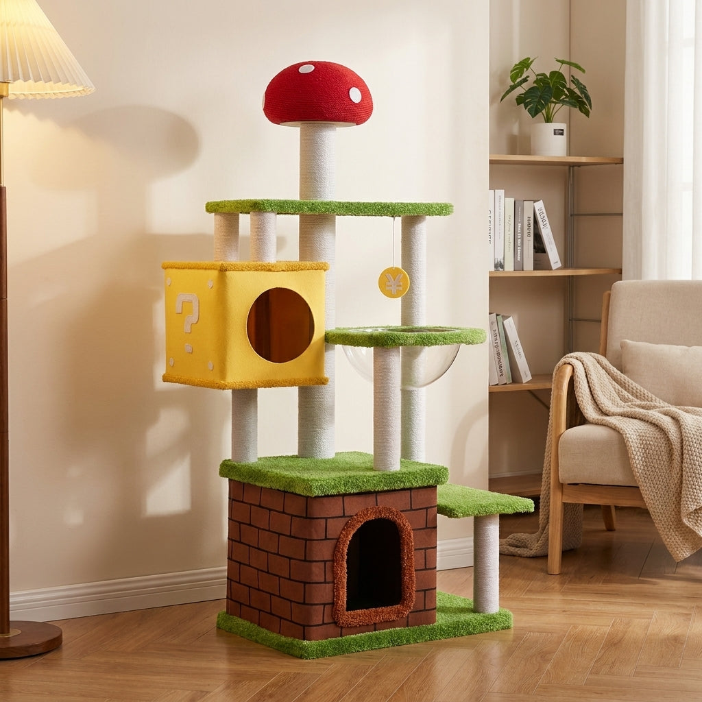 Cat Villa Mushroom Castle Cat House with 4 Levels, Kitten Bed and Tree Activity Center, Indoor Playground with 4 Sisal Scratching Posts for Multi