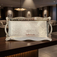 Floral Metal Tray with Handles Scroll Pattern Rectangular Silver Tray Openwork Classic European Style