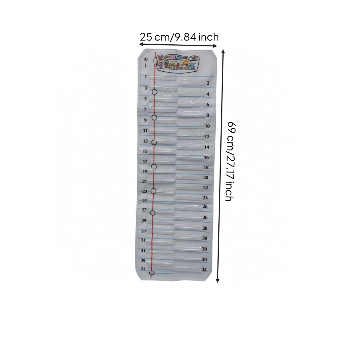 Transparent Pockets Numbered Writing Instrument Pocket Chart White Nylon Wall Hanging Writing Instrument Organizer Metal Grommets Stitched Edges