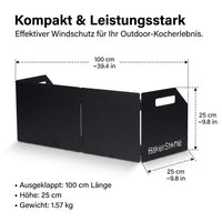 Wind Screen for Outdoor Cooking, Foldable Splash Guard Made of Cold-Rolled Metal, 25x100 cm, Matte Black, with Carrying Bag