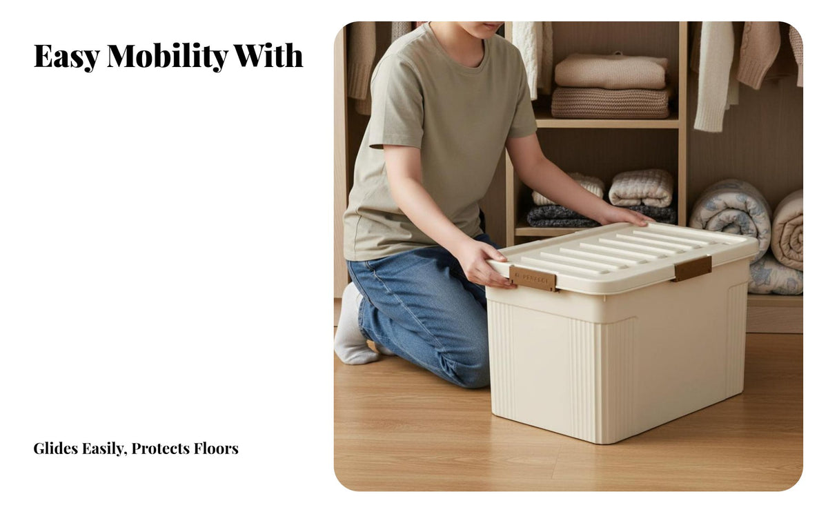 Wheeled Storage Trunk Large Capacity Organizer Box secure closureed Lid Stackable Container for Homeowners, Families, Bedroom, Moving House, Basement