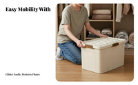 Wheeled Storage Trunk Large Capacity Organizer Box secure closureed Lid Stackable Container for Homeowners, Families, Bedroom, Moving House, Basement