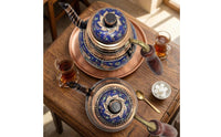 Handmade Copper Turkish Teapot Floral Scroll Design Decorative Copper Tea Pot Metallic-Finish Trim Turkish Style Teapot Wood-Textured Grip
