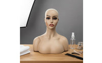 Mannequin Head with Shoulders Pierced Ears Hairpiece Display Head Mountable Base Realistic Display Bust for Retail Store