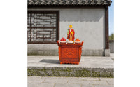 1/64 Scale Shrine Model with Figurine Retro Chinese-Style Miniature Altar Cabinet Ornate Dollhouse Shrine Carved for Collectors, Hobby Builders, Desk Decor