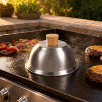 Wooden Knob Stainless Steel Burger Cover Brushed Body Burger Cover Polished Rim Cheese Melting Dome Polished Shiny Finish for Grill, Flat-Top Surface, Stovetop