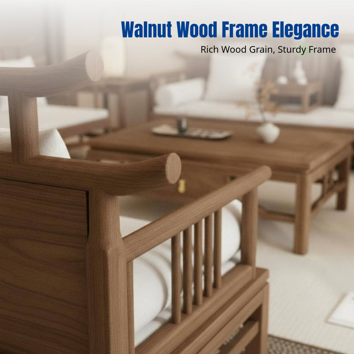 Walnut Wood Sofa, New Chinese Style, Living Room Furniture, Tranquil Look, Cotton Linen