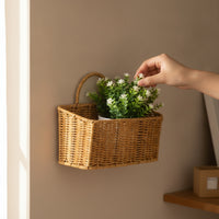 Wall-Mounted Storage Basket Faux-Rattan Hanging Storage Basket Rectangular Organizer for Bedroom