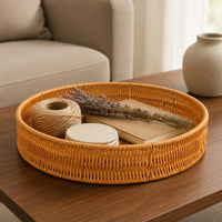 Exposed-topTop Round Rattan Tray Shallow Rattan Basket Low Rim Round Tray Basket Brown Finish