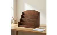 Greeting Card Display Stand Holder with Arched Back Wooden Stepped Display Shelf Multi-Tier Postcard Rack for Reception Desk