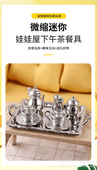 Dollhouse Miniature Alloy Afternoon Tea Set for Kitchen Micro Scene Photography Prop