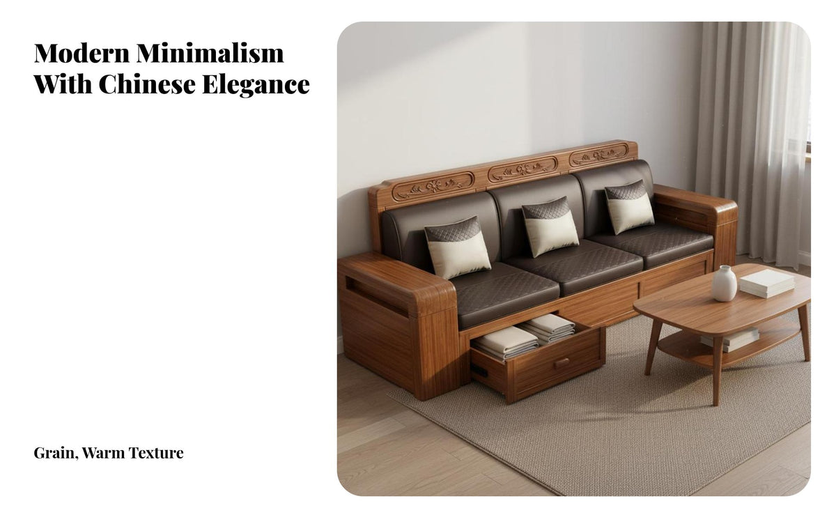 Solid Wood Storage Sofa Versatile-Versatile Design Walnut Wood Couch Firm Foam Cushions Chinese Design Living Room Set for Apartment Dwellers, Home
