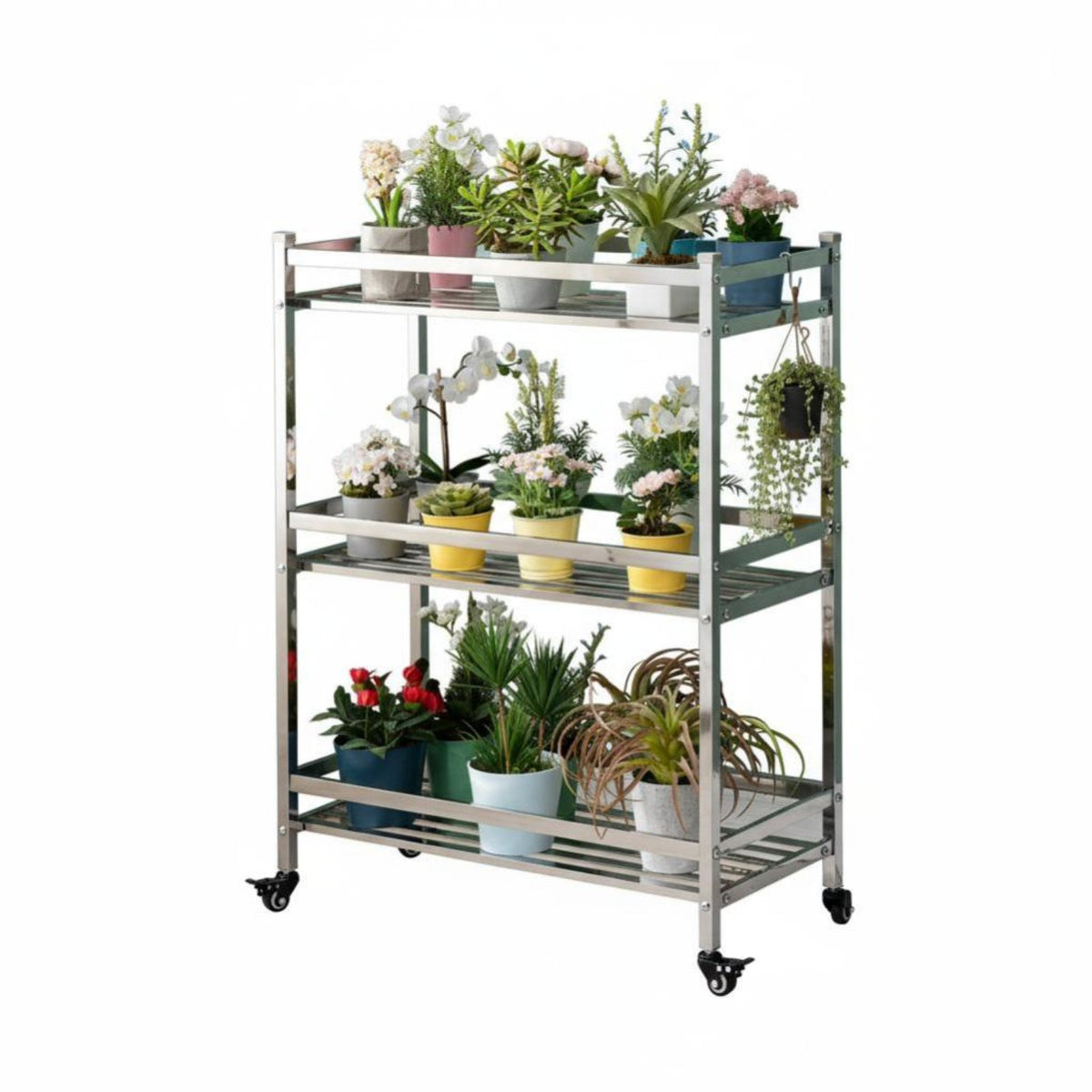 Floor-Standing Multi-Level Pot Stand Indoor & Outdoor Use Rolling Flower Pot Display With casters Tiered Rack Weather-Resistant for Gardeners, Apartment Dwellers, Homeowners, Balcony, Living Room, Patio, Corner Space