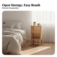 Japandi Aesthetic Storage Nightstand Compact Design Curved Rattan-Panel Cabinet Sturdy Construction End Table Rounded Corners for Homeowners, Apartment Dwellers, Bedroom, Small Areas, Guest House, Living Room