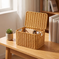 Wicker Storage Basket with Lid Rectangular Woven Basket with Lid Handwoven Lidded Storage Container for Students, Closet, Bedroom, Dorm Room
