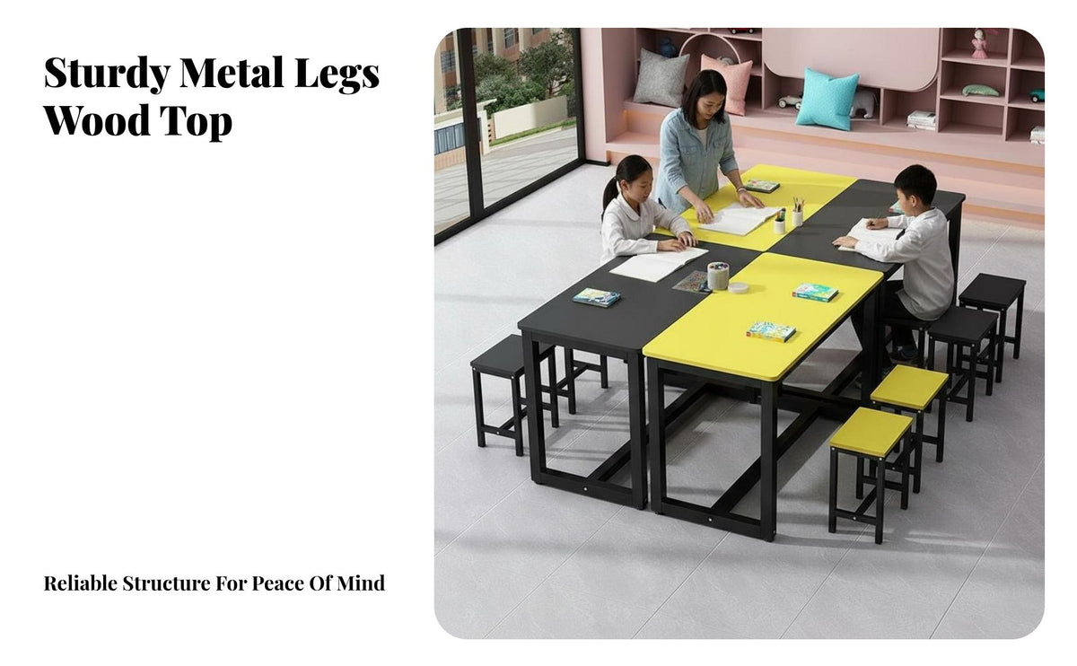 Double Layer Classroom Desk Sturdy Design Children's Art and Craft Table Rounded Corners Kids Table and Chair Set for Students, Playroom, Home