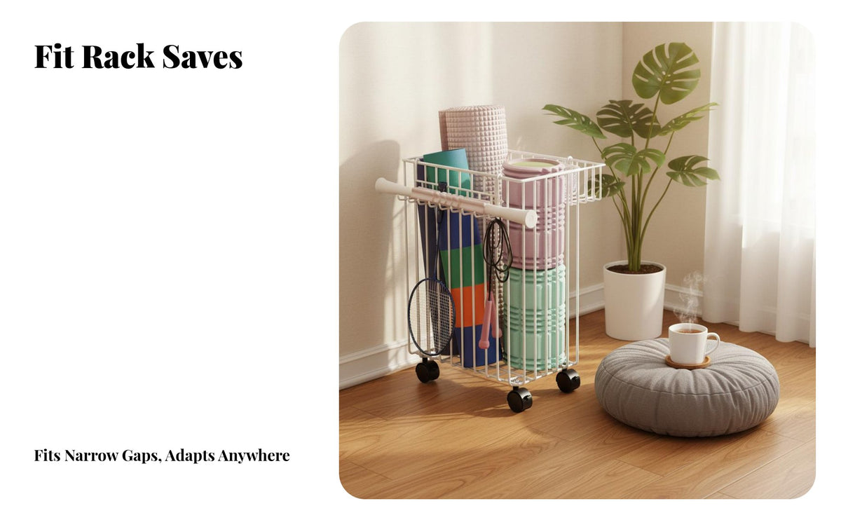 Exercise Mat Storage Rack With Wheels Rolling Exercise Mat Holder Space Saving Wheeled Sports Gear Organizer for Home Gym, Living Room, Apartment