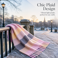 Mohair Plaid Scarf for Women, Korean Style Plush Tassel Warm Neck Wrap